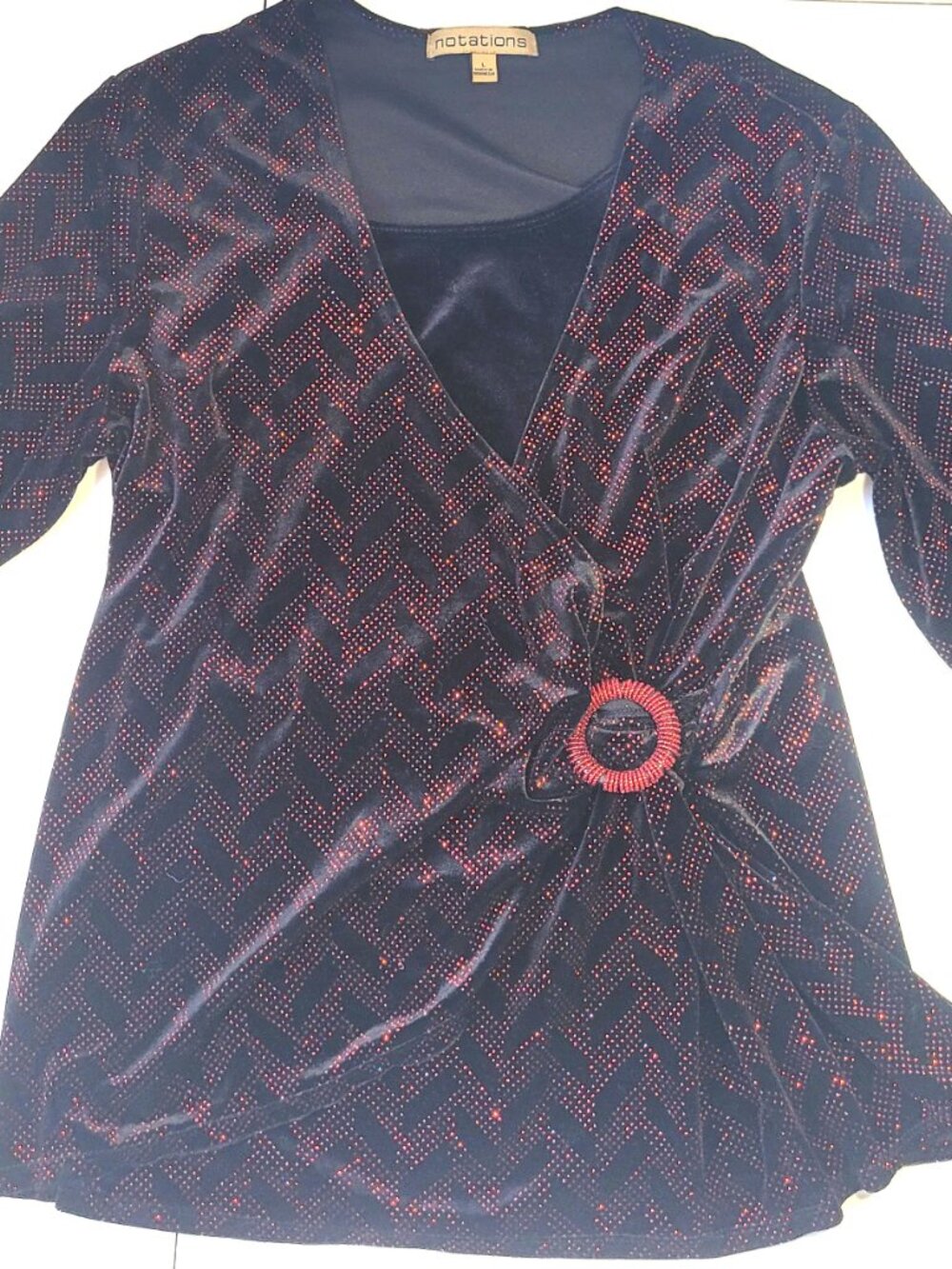 Notations Vintage Black Red Glitter Chevron Faux Wrap Top Size L